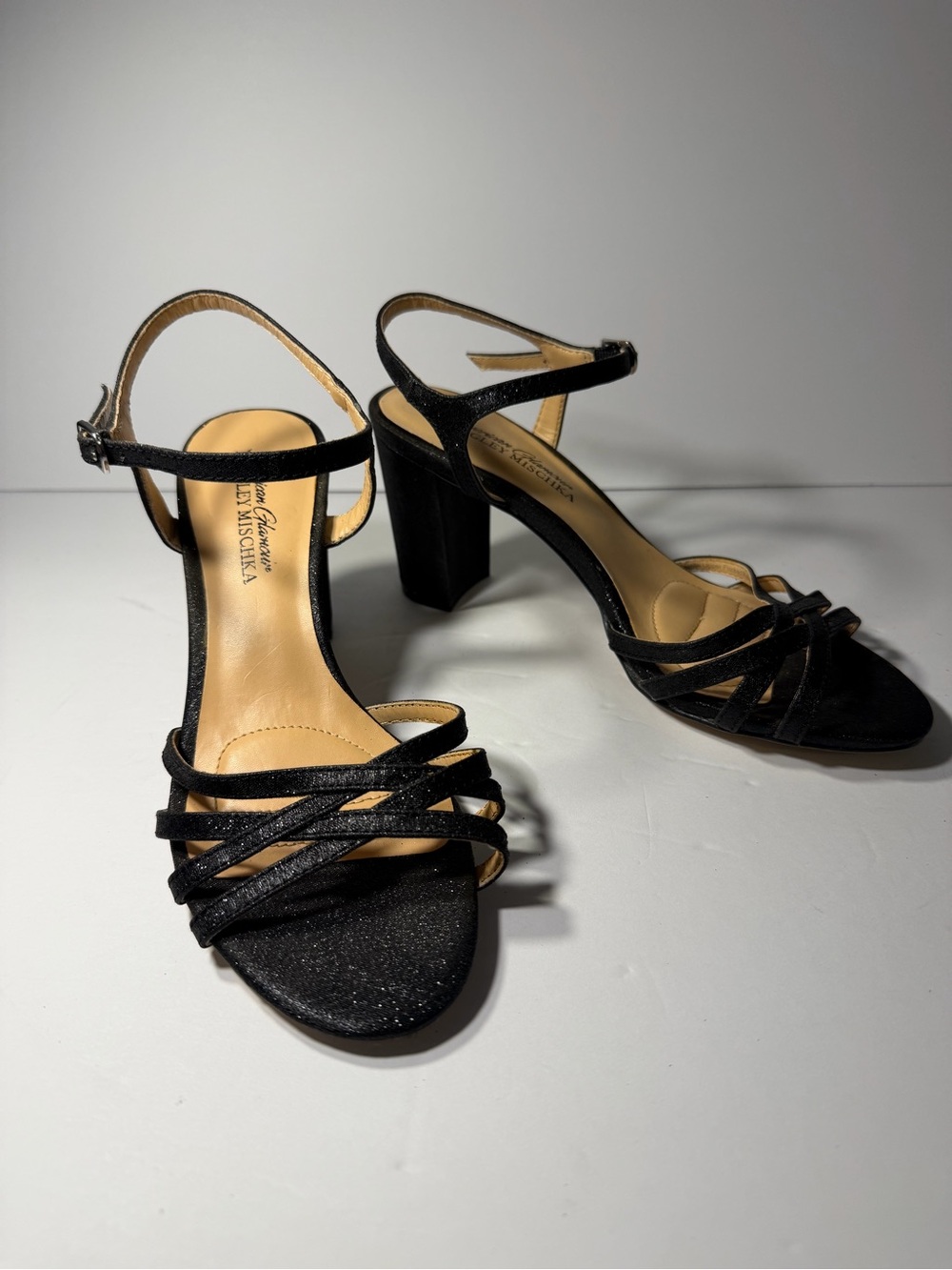 Badgley Mischka American Glamour Black Glitter Strappy Heels Sandals Size 6